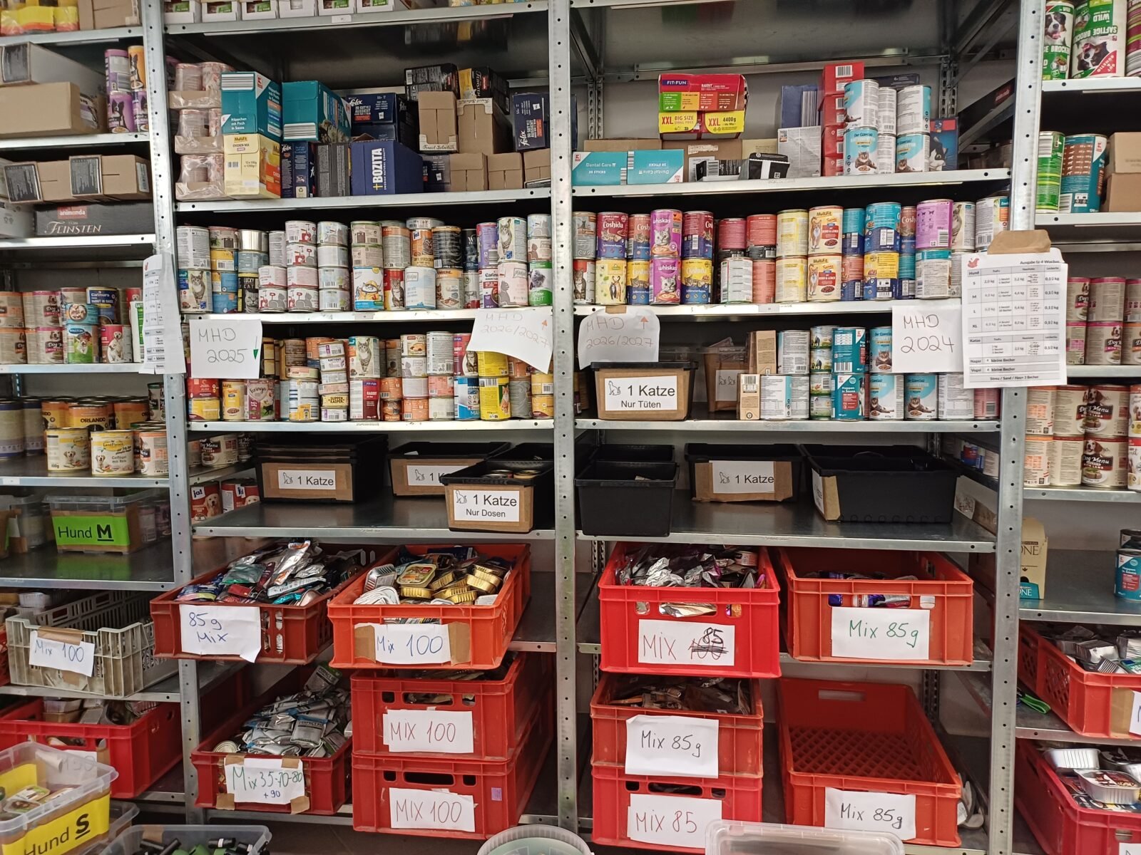 Ein Foto eines gefüllten Regales der Tiertafel. Zwischen der Unordnung herrscht ein System.