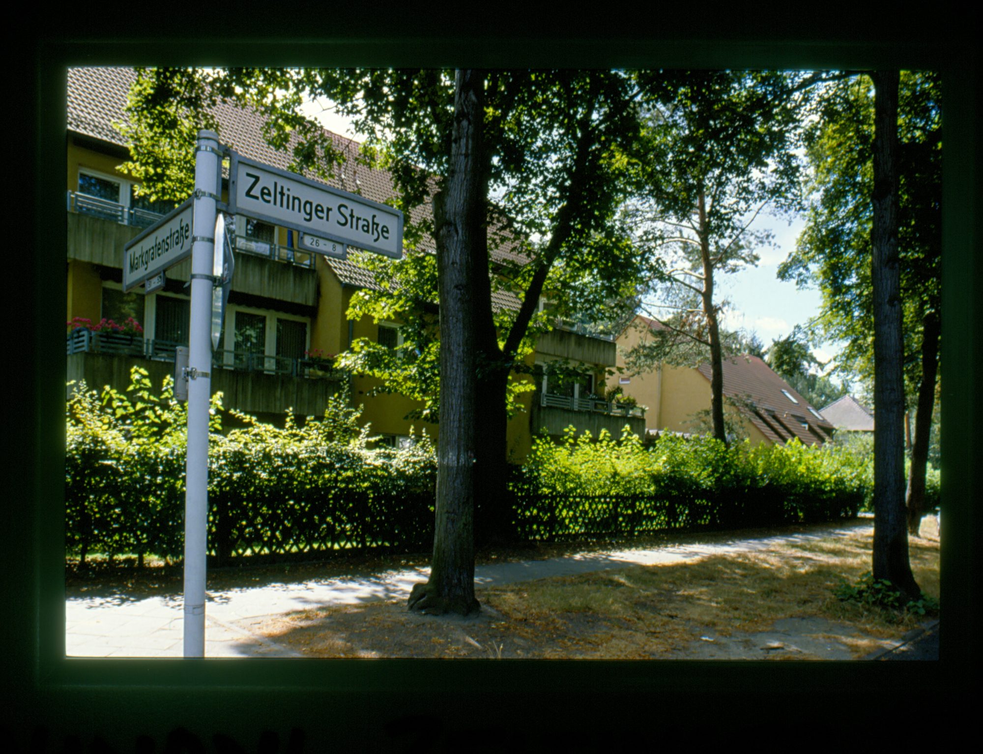 Zu sehen ist ein eine eher grüne Straße in Berlin mit ein paar Häusern im Hintergrund. Im Bildvordergrund steht das Straßenschild "Zeltinger Straße".