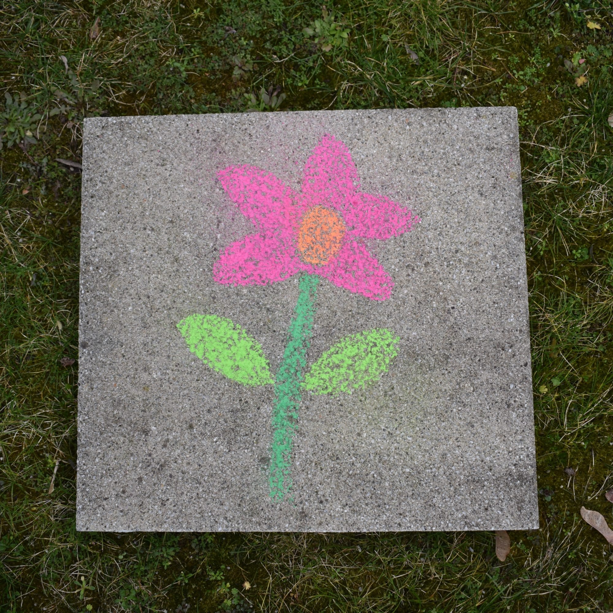 Eine Kreidezeichnung einer bunten Blume mit rosa Blütenauf einer Steinfliese.