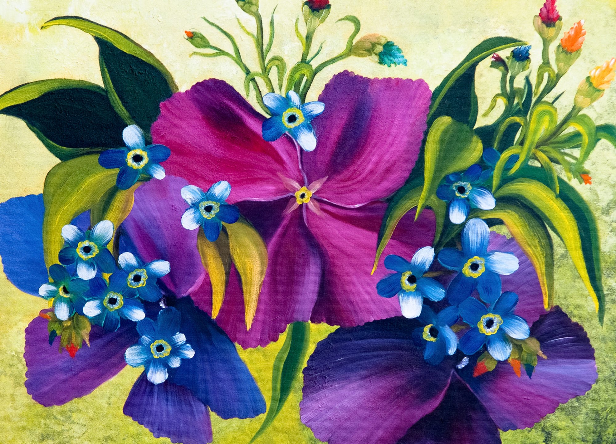 Zu sehen sind mehere Blumen in unterschiedlichen Tönen von Violett bis Dunkelblau. Sie sind in der Vernissage ab 29. März 2020 in der Villa Donnersmarck zu sehen.