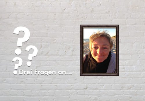 Fotomontage: Eine weiße Steinwand - darauf ein Rahmen, in den ein Bild von Rebecca Maskos montiert ist, daneben der Schriftzug Drei Fragen an... und drei Fragezeichen.