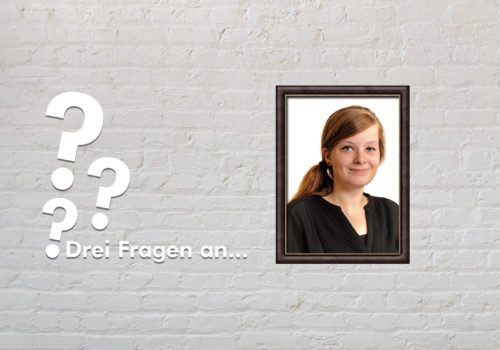 Fotomontage: Eine weiße Steinwand - darauf ein Rahmen, in den ein Bild von Judyta Smykowski montiert ist, daneben der Schriftzug Drei Fragen an... und drei Fragezeichen.