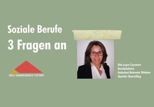Ein Porträtfoto von Rita Lopez Carretero auf grünem Hintergrund, daneben das Stiftungslogo und der Schriftzug: Soziale Berufe 3 Fragen an