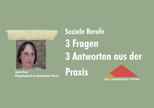 Ein Porträtfoto von Jenny Hans auf grünem Hintergrund, daneben das Stiftungslogo und der Schriftzug: Soziale Berufe 3 Fragen 3 Antworten aus der Praxis