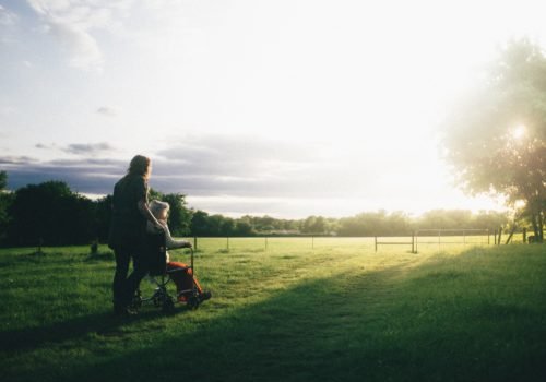 Zwei Menschen, von hinten fotografiert, auf einer grünen Wiese, eine Person im Rollstuhl, die andere dahinter - am Hoizont ist die wolkenbedeckte Sonne zu sehen.